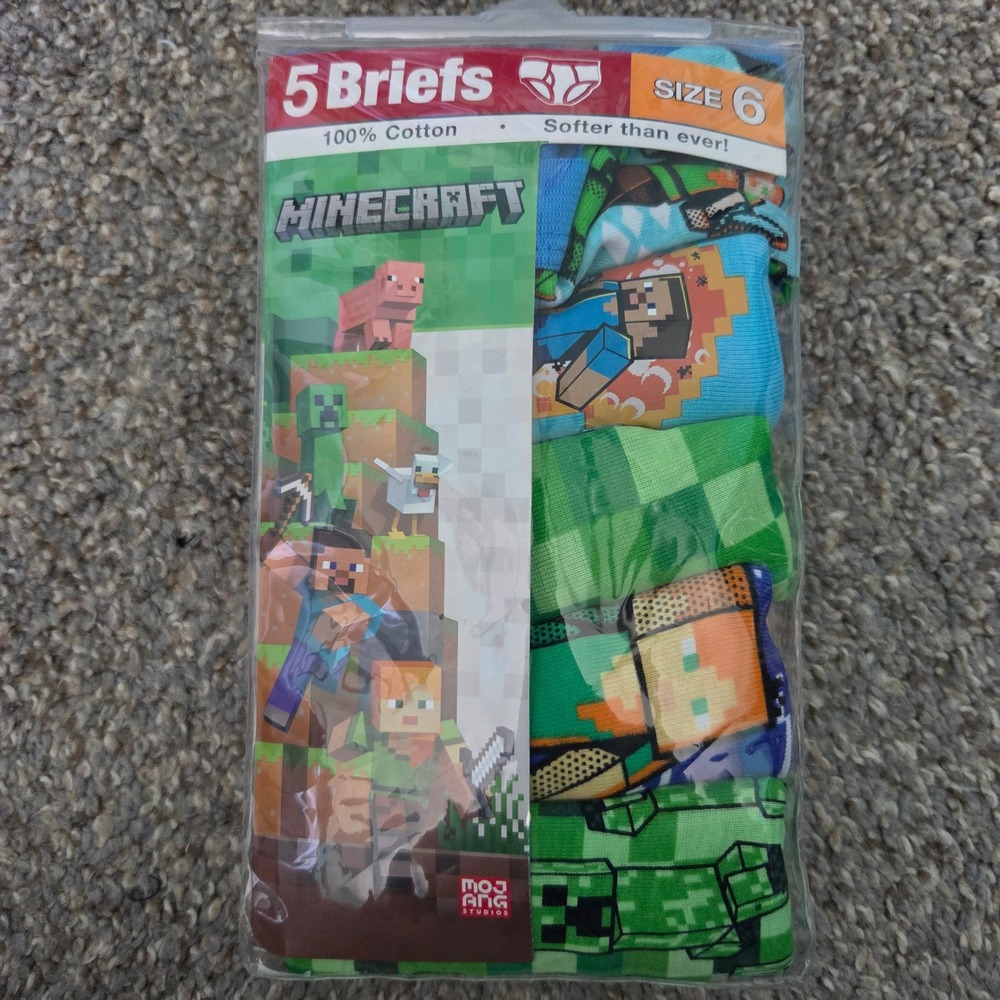 Minecraft Boy Briefs 5 Pack Size 6 Cotton Underwear Mojang Video Game Blue Green